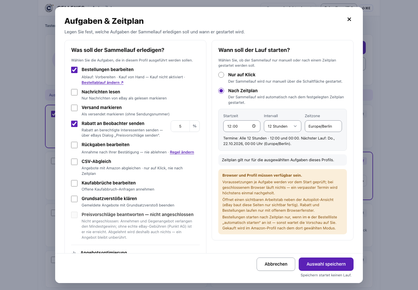 Aufgaben und Zeitplan im Cellister Autopilot mit Startzeit, Intervall und Rabatt