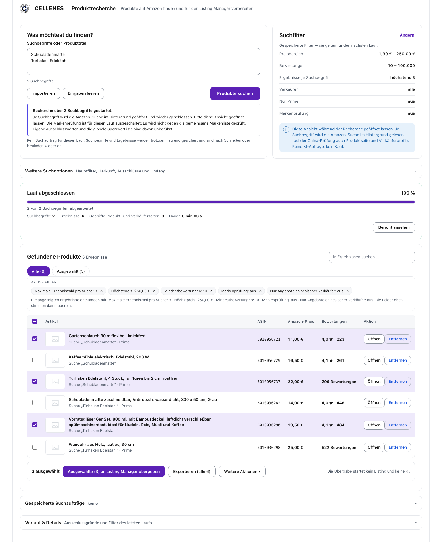 Produktrecherche mit gefundenen Amazon-Artikeln, Preisen und Bewertungen aus dem Prüfstand
