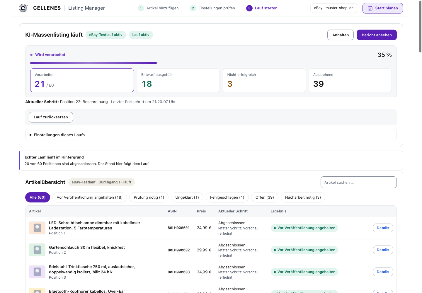 Listing Manager während eines eBay-Testlaufs: Fortschritt und Artikelstatus